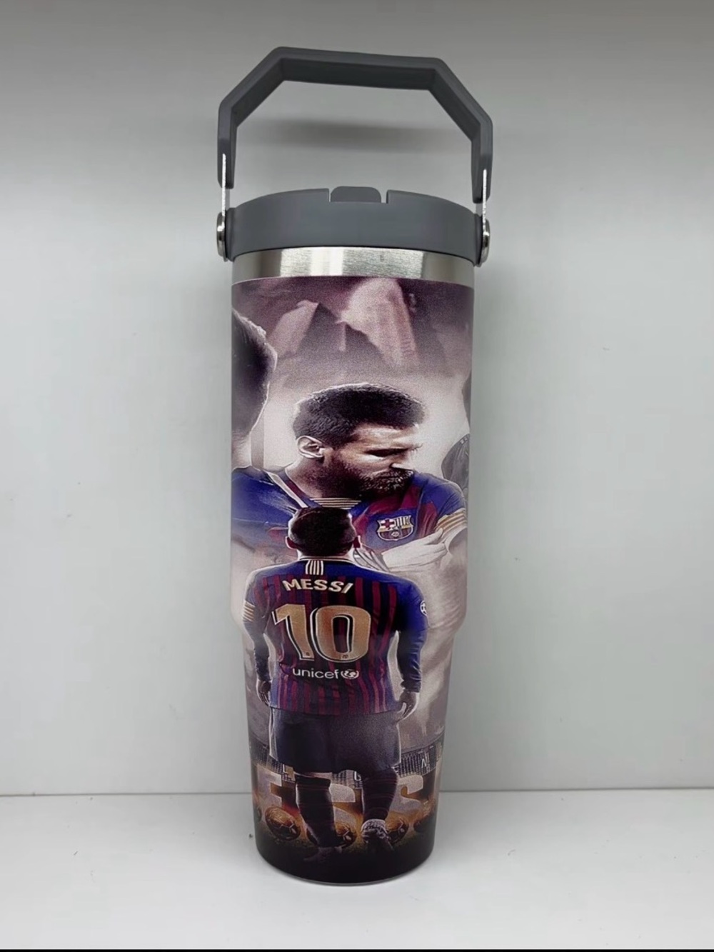 Insulated Sports Travel Tumbler - Gray Handle, Multi-Color Graphic